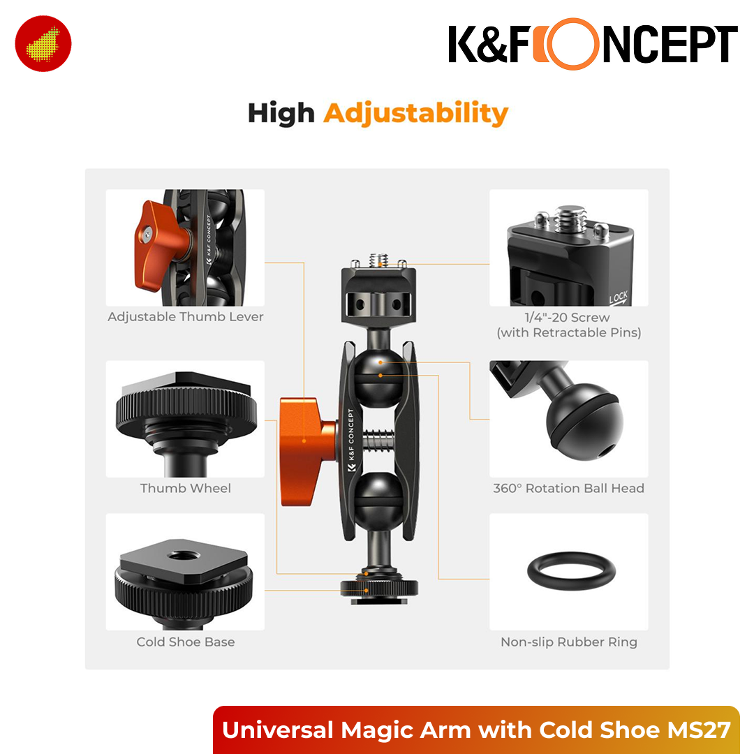 K&F Concept Double Ball Head Magic Arm with Cold Shoe Mount & 1/4