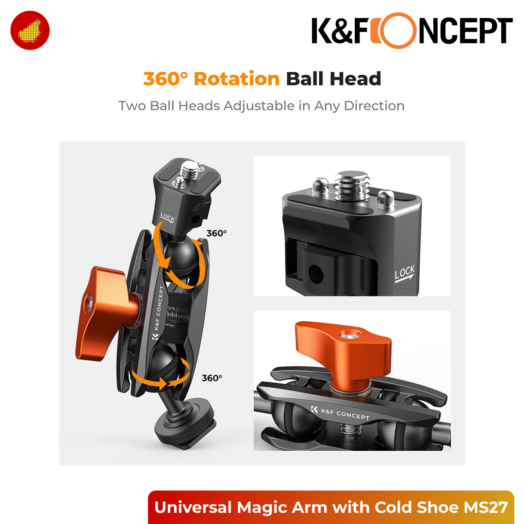 K&F Concept Double Ball Head Magic Arm with Cold Shoe Mount & 1/4